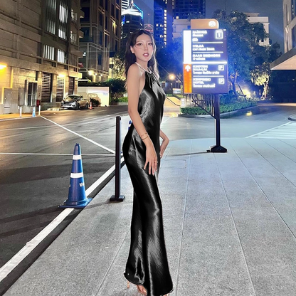 Elegant Shiny Satin Prom Dress Halter-neck Evening Gown Sheath Party Dress Long Formal Dress TP4843