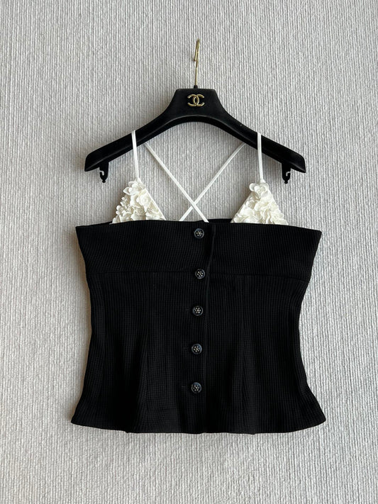 CC 25 Splicing Tube Top Camisole Black and White Mixed Fiber Waffle Jacquard Fabric 275554