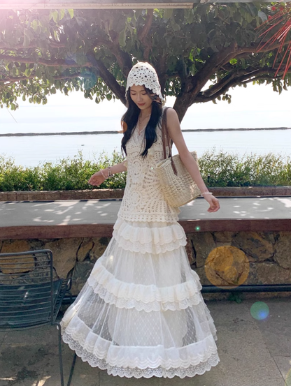 Atmosphere outfit suit holiday beautiful small sling hollow vest skirt a complete set R1746