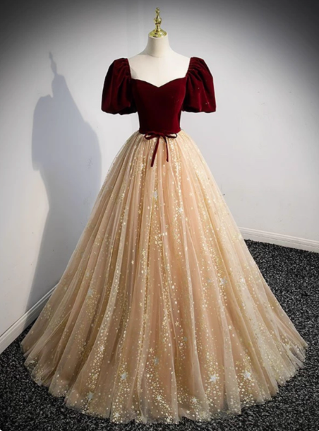 Princess Burgundy & Champagne Gold Panel A-line Short Sleeve Tulle Long Prom Dress Evening Dress P4592
