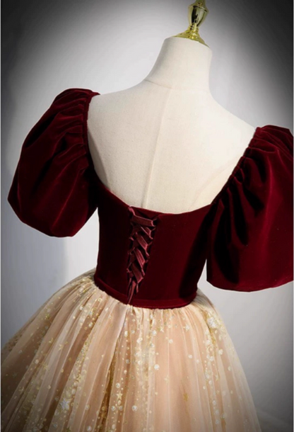 Princess Burgundy & Champagne Gold Panel A-line Short Sleeve Tulle Long Prom Dress Evening Dress P4592