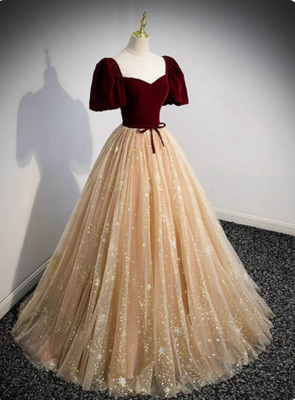 Princess Burgundy & Champagne Gold Panel A-line Short Sleeve Tulle Long Prom Dress Evening Dress P4592