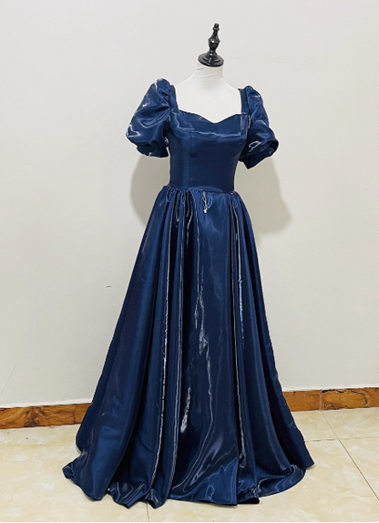 Elegant Navy Blue Puffed Short Sleeve Satin Long Prom Dress Evening Dress P4596