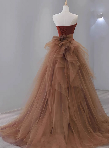 Elegant Caramel Brown Mermaid Strapless Tulle Satin Train Prom Dress Evening Dress P4598