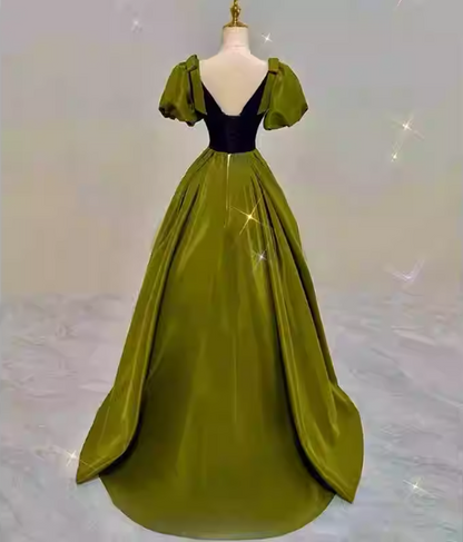 Vintage Green A-line V-neck Puff Sleeve Satin Long Prom Dress Evening Dress P4599