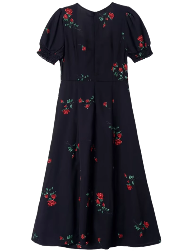 2025 Summer New French Retro Square Neck Black Floral Puff Sleeve Dress R0908