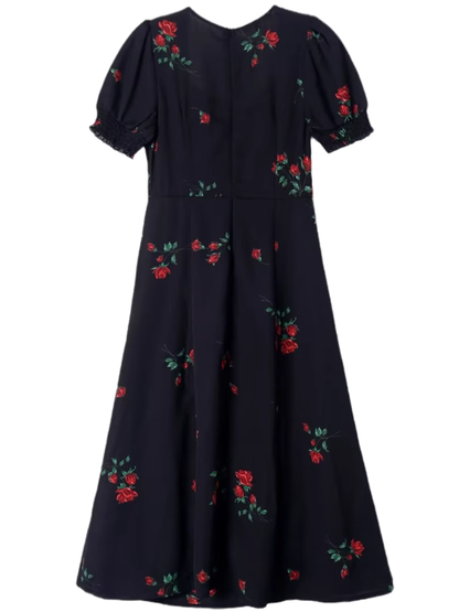 2025 Summer New French Retro Square Neck Black Floral Puff Sleeve Dress R0908