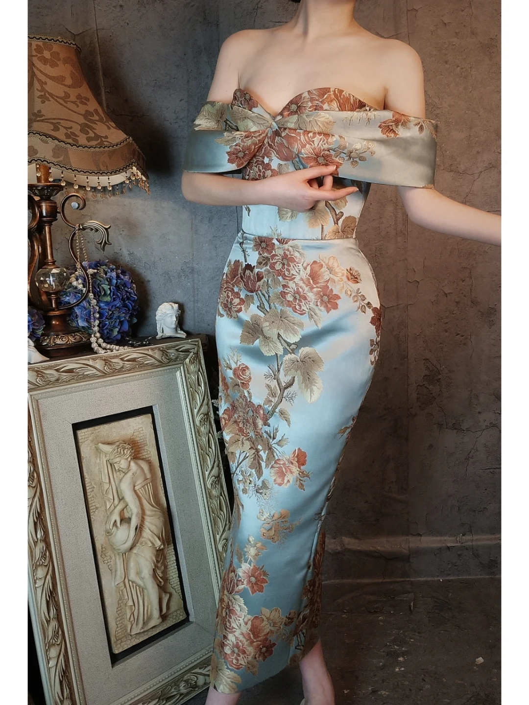 Vintage Floral Off-the-shoulder Sweetheart Design Elegant Satin Evening Dress Prom Dress TP4031