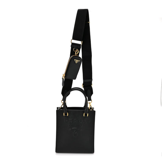 Saffiano Lux Triangle Logo Embossed Small Double Handle Crossbody Tote Black