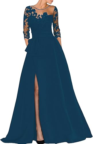 omberprom A-Line Elegant Wedding Guest Dress Court Train Jewel Neck 3/4 Sleeve Evening Dress with Beading Slit Appliques Fall Wedding Guest Dress November