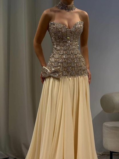 Gorgeous Strapless Chiffon Beaded Mermaid Long Party Dress Prom Gown SP1117