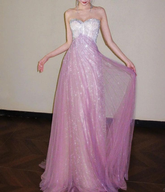 Glitter Strapless Pink Tulle Sequin A Line Long Party Dress Evening Gown