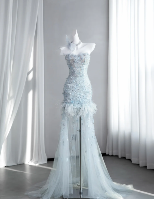 Elegant Light Blue Strapless Tulle Beaded Mermaid Long Wedding Guest Dress Formal Party Dress With Butterfly Appliques SP1512