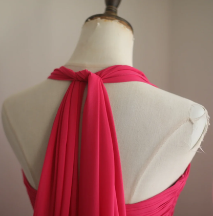 Glamorous Halter Hot Pink Satin Chiffon Mermaid Long Party Dress Formal Birthday Prom Gowns With Cape
