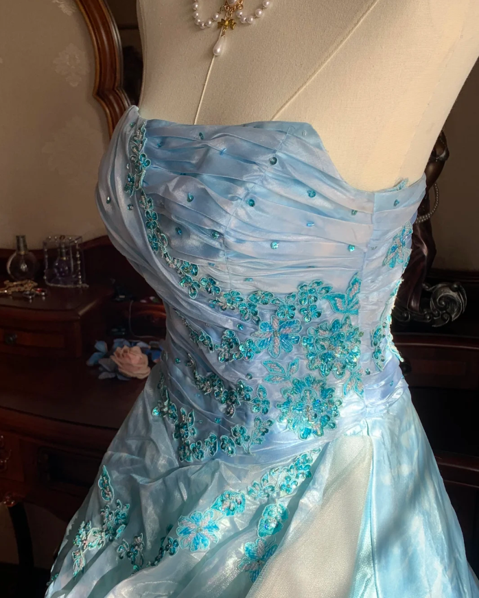 Elegant Blue Strapless Tulle Satin Appliques Long Party Dress Birthday Prom Gown