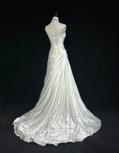 Pretty White One Shoulder Satin Pleated Appliques Mermaid Long Wedding Dress SP1284