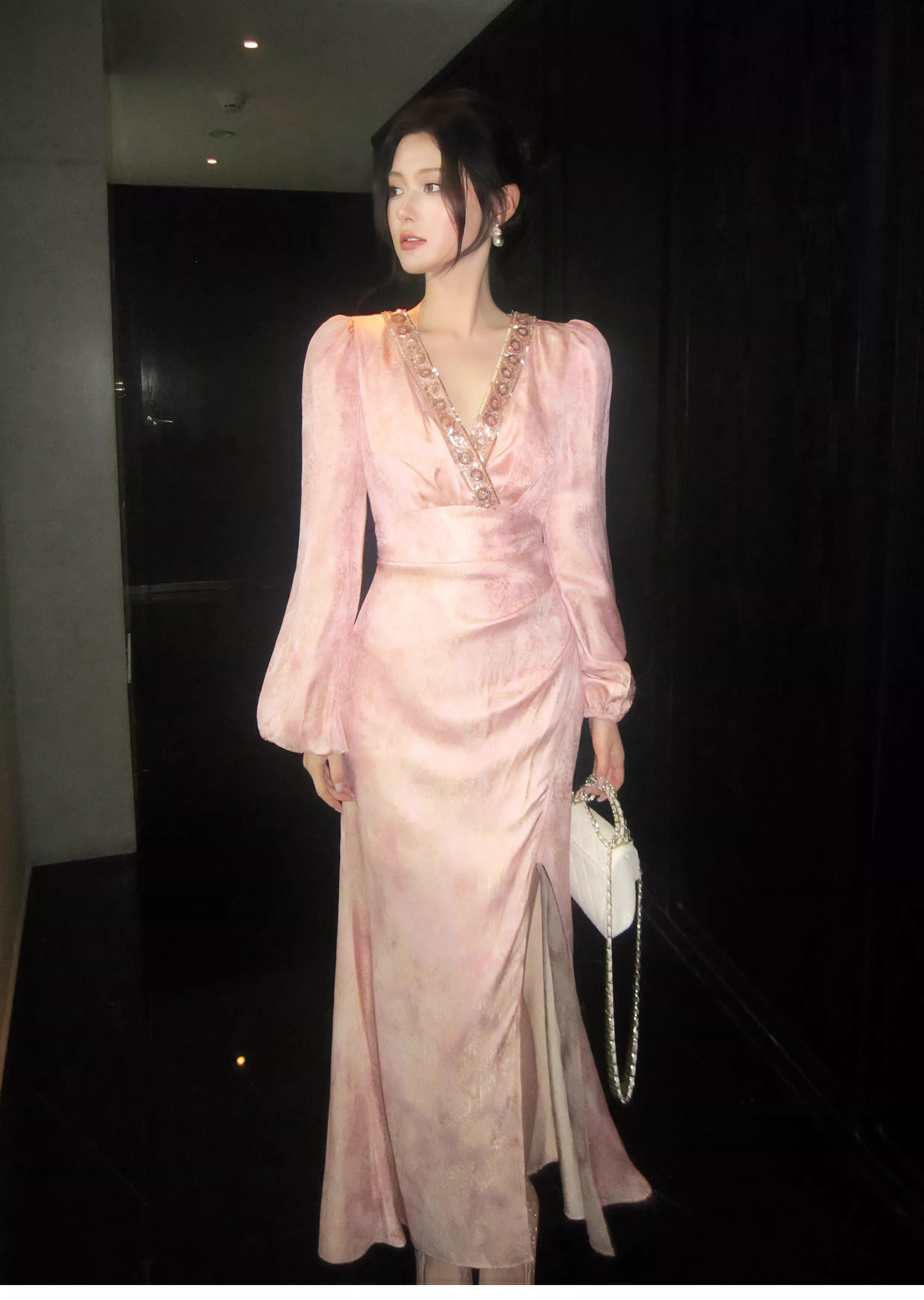 Glamorous V Neck Pink Satin Print Floral Beaded Mermaid Slit Evening Dress Long Birthday Prom Gown SP1542