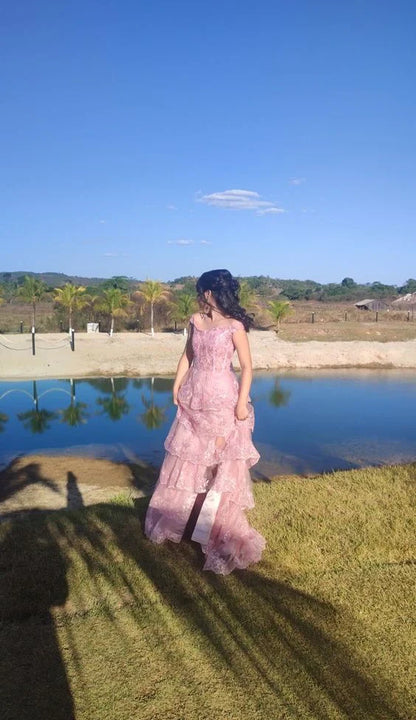omberprom Sweet Pink Strapls Lace Tiered Long Prom Dress Evening Gown Charming Wholesale
