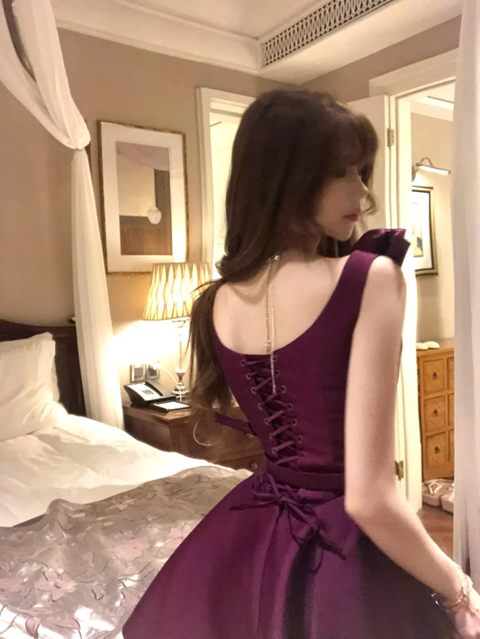 Dark purple bow strap waist slim fit long skirt homecoming dress R4228