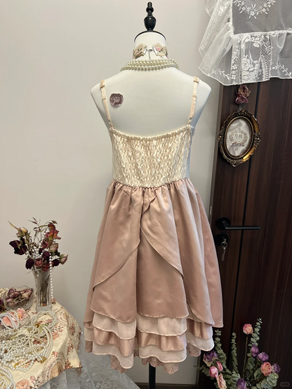 Pink suspender 3D flower waist slim satin skirt homecoming dress R4315