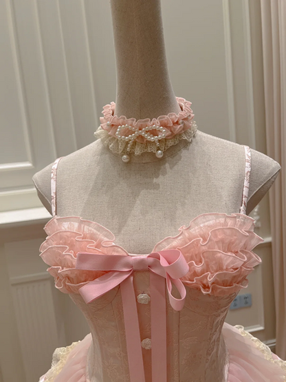 Pink suspender waist puff cake skirt homecoming dress R5039