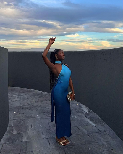 Sexy One Shoulder Backless Ombre Sea Blue Satin Mermaid Evening Gown Long Party Dress