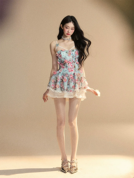 Blue suspenders pink flowers waist A-line mini skirt homecoming dress R5260