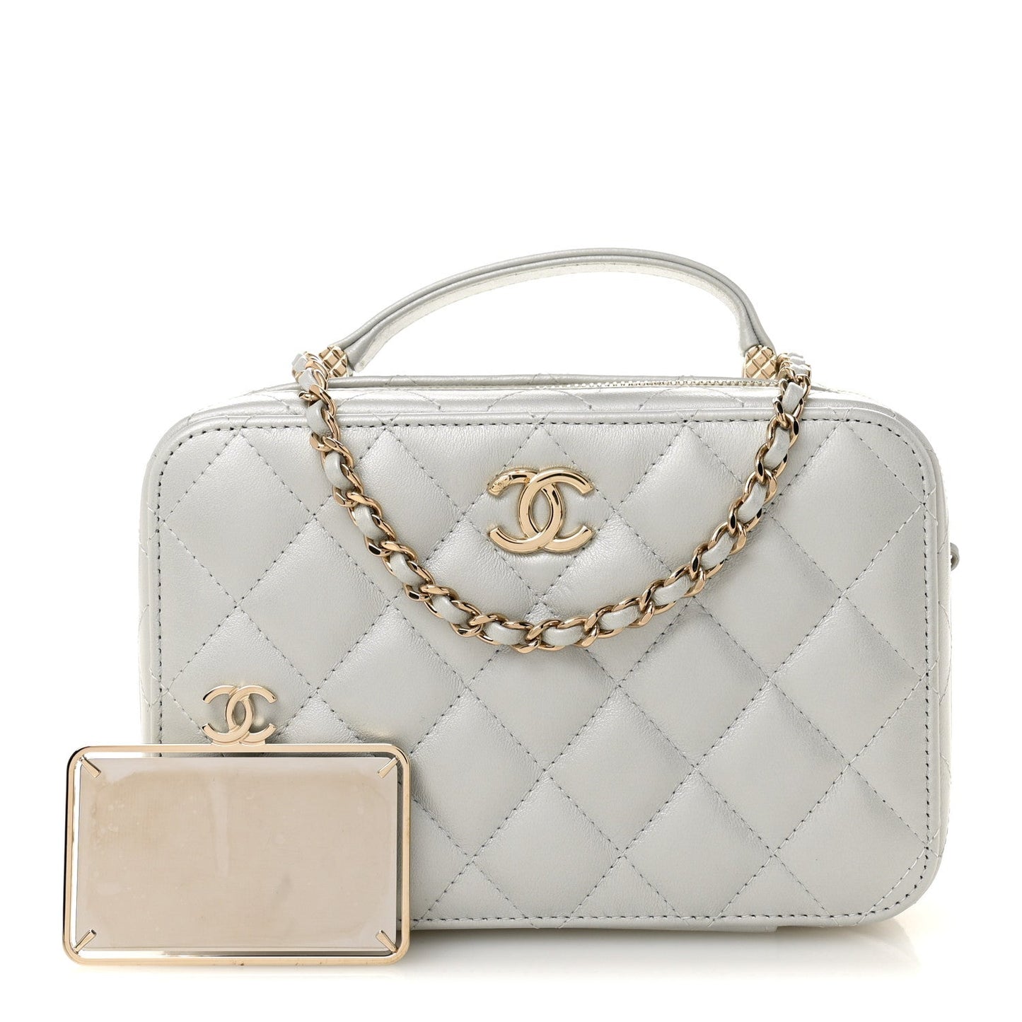 Metallic Lambskin Quilted Top Handle Vanity Case Silver