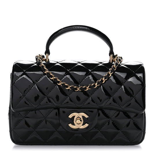 Patent Quilted Mini Top Handle Rectangular Flap Black
