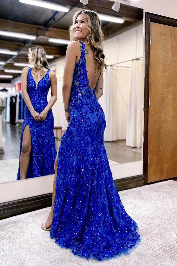 omberprom Mermaid Evening Dress V Neck Sequined Lace Prom Dress with Slit