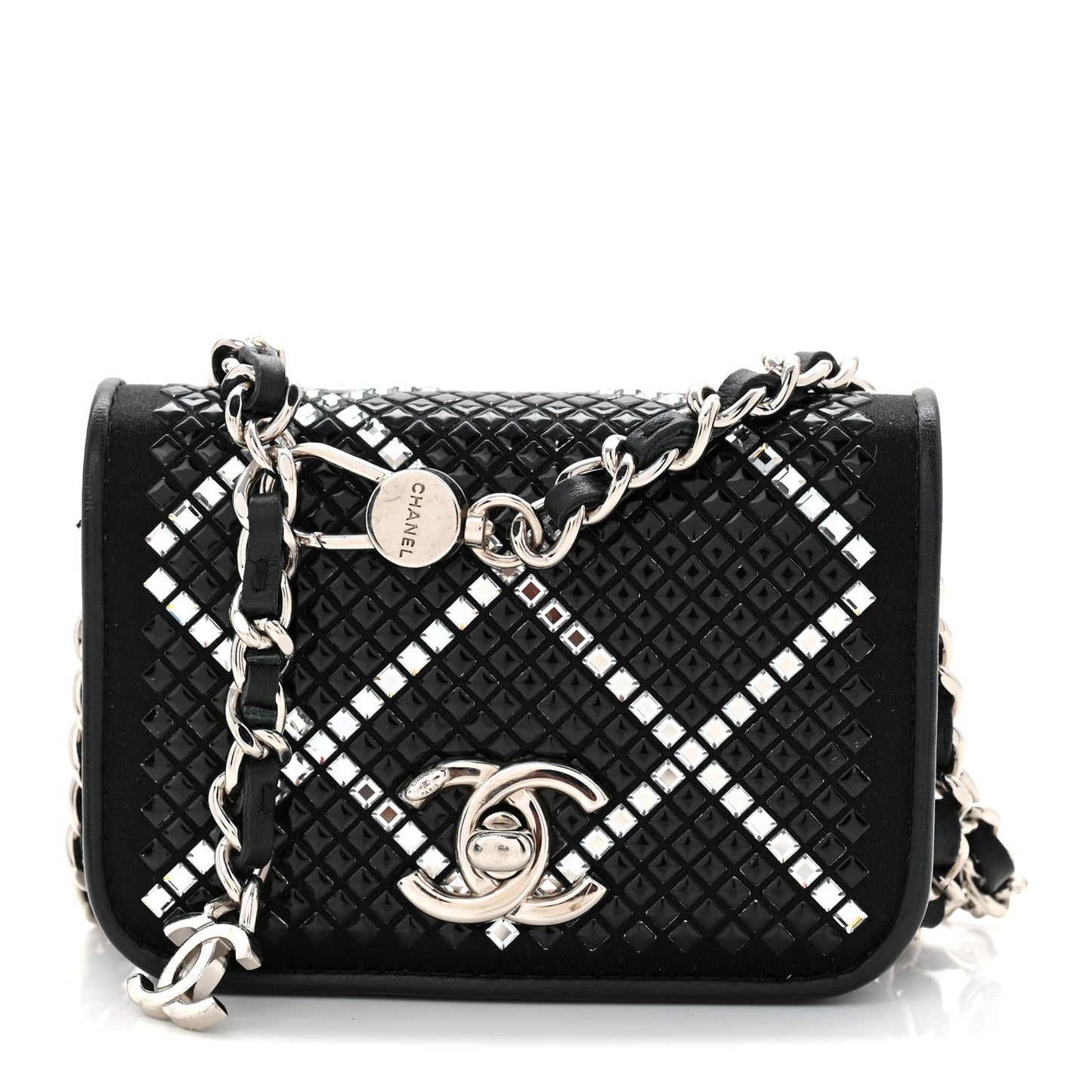 Lambskin Crystal Quilted Mini Chain Belt Bag Black