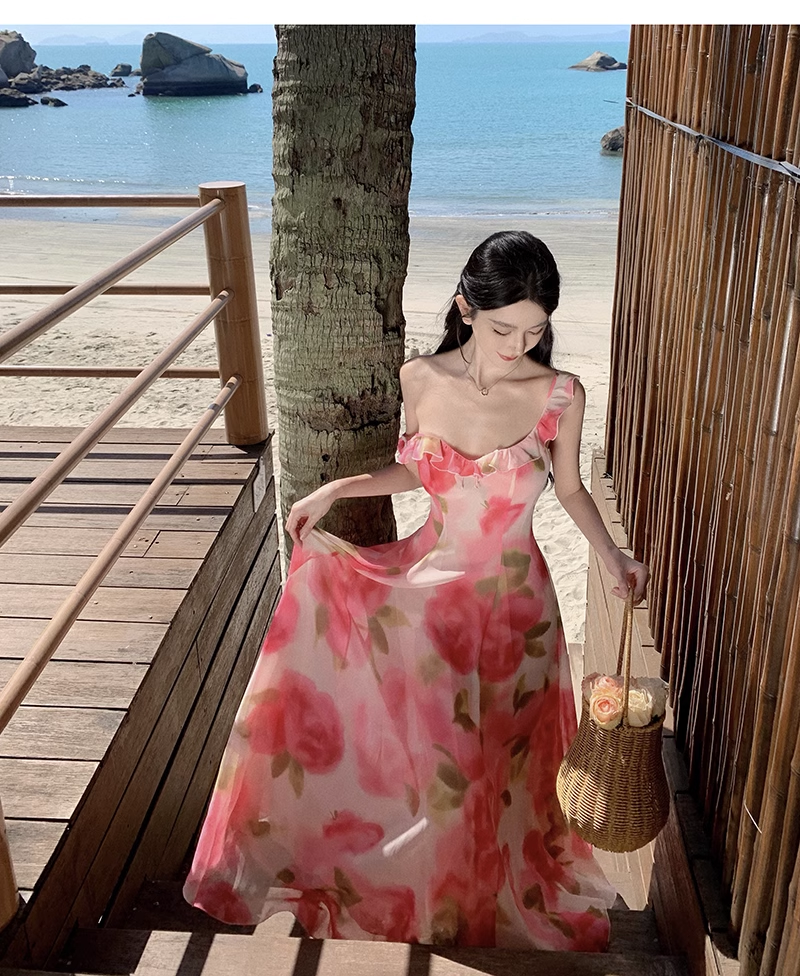 New Simple Pink Floral Design A-Line Beach Holiday Spaghetti Strap Dress TP3028