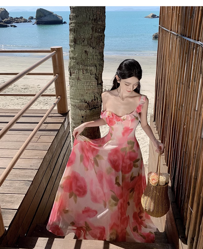 New Simple Pink Floral Design A-Line Beach Holiday Spaghetti Strap Dress TP3028