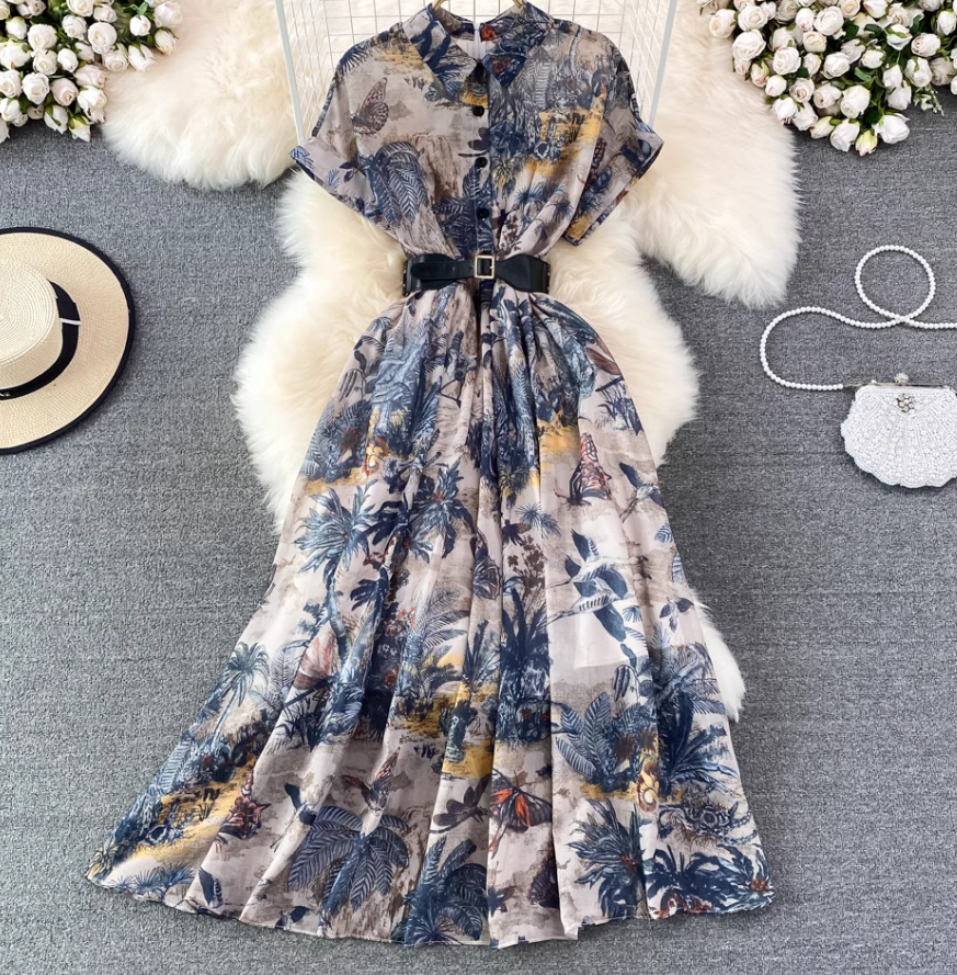 2025 socialite temperament ink painting print waist lapel single-breasted A-line big swing dress R0341