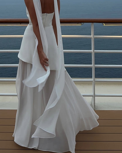 White Strapless Satin Chiffon Split Holiday Summer Prom Dress