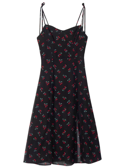 2025 Summer New French Retro Black Cherry Floral Slimming Suspender Dress R0979