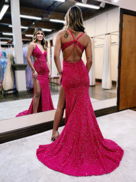 omberprom Elegant Glitter Red Mermaid Evening Dress V Neck Cut Out Prom Dress with Slit