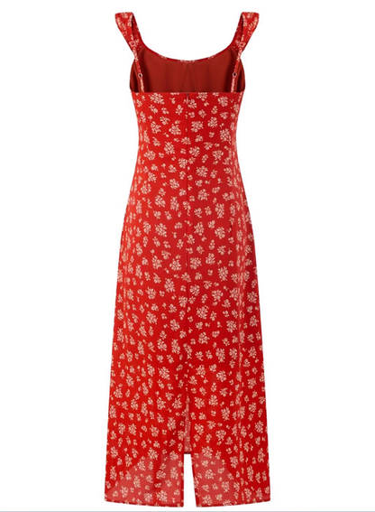 2025 Summer New Red Floral French Style Small Flying Sleeve Seaside Holiday Dress R0929