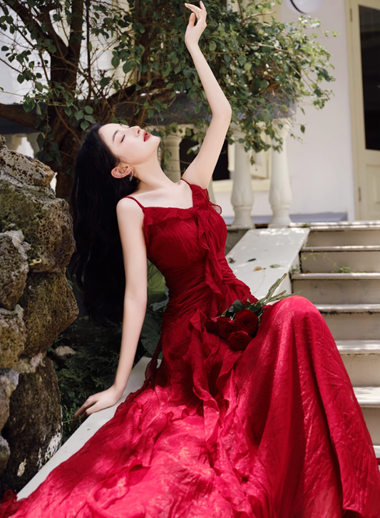 Fairy French retro red dress high-end dress ruffled sling beach dress R1714