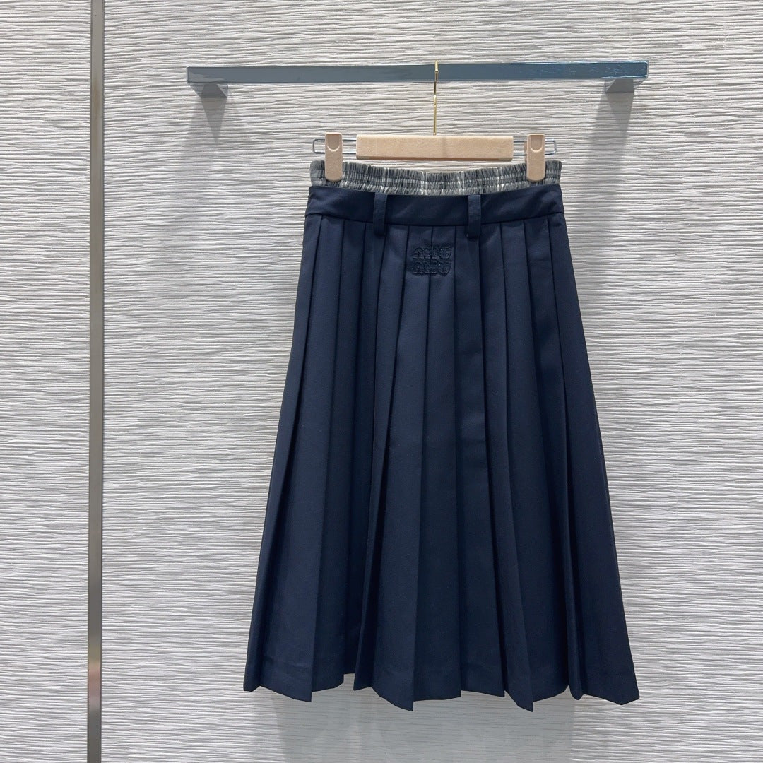 Miu SS26 Set Polo Shirt Pleated Skirt Navy Blue Polyester Cotton 351275
