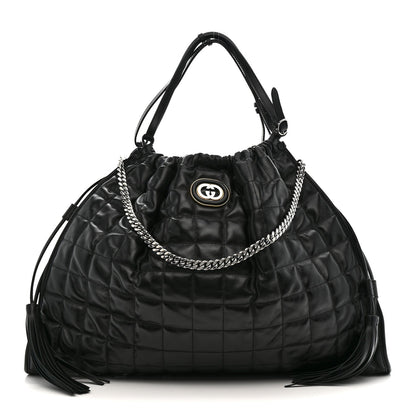 Calfskin Quilted Large Deco Tote Bag Black