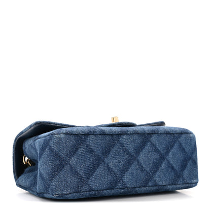 Printed Denim Quilted Mini Rectangular Flap Dark Blue