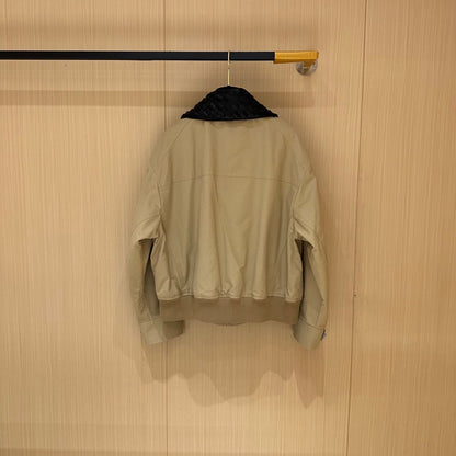BV Leather Neck Zipped Jacket in Beige Fabric