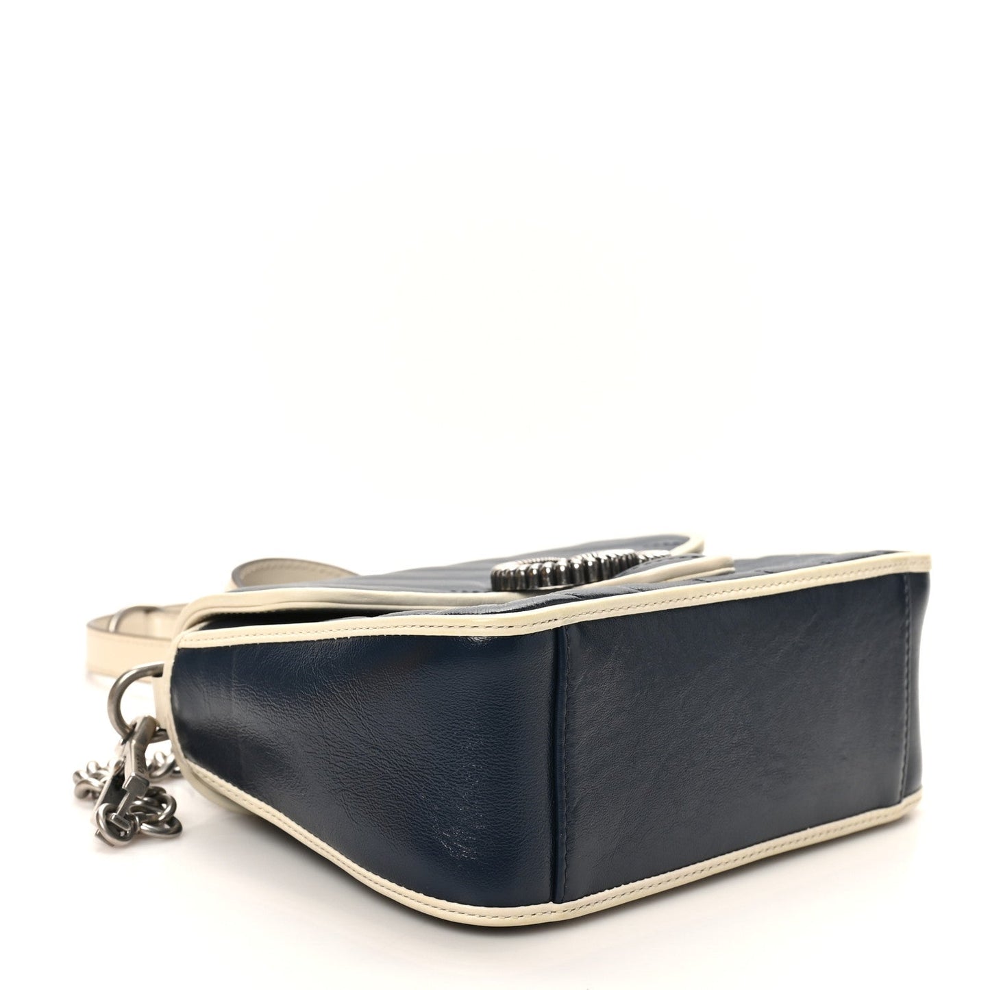 Vintage Effect Calfskin Matelasse Diagonal Mini Torchon GG Marmont Top Handle Shoulder Bag Blue Agata Mystic White