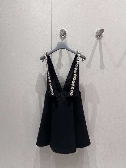 Prada 25 Deep V Diamond Flower Suspender Dress Black Acetate Viscose 214029