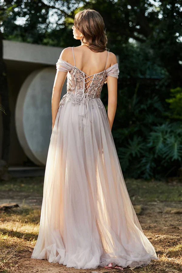 omberprom Elegant Beaded A-Line Prom Dresses Off the Shoulder Tulle Dress Evening Dress