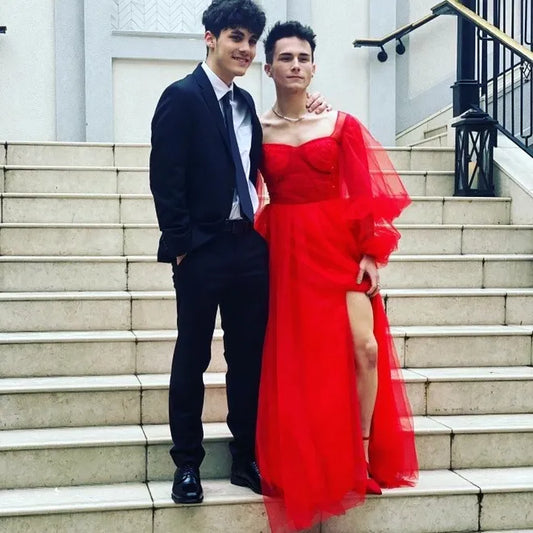 PM336,Red Tulle Bubble Sleeves Long Prom Evening Dresses With Split
