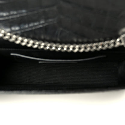 Calfskin Crocodile Embossed Medium Classic Monogram Kate Tassel Satchel Black