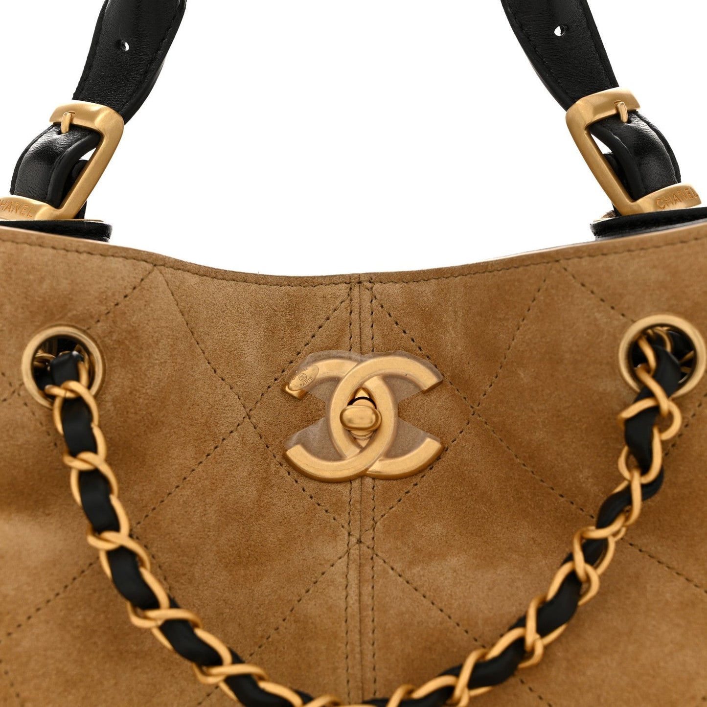 Suede Calfskin Shiny Lambskin Quilted Shopping Bag Beige Black