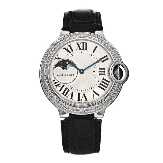 18K White Gold Diamond Pave Bezel 37mm Ballon Bleu De Cartier Moonphase Automatic Watch